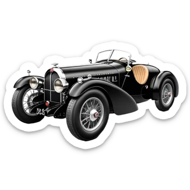  Fender-less extended wheelbase 1936 luxury racing Bugatti lowered powerful 4 cylinder engined racing car featuring advanced rugged 4 wheel independent suspension, power steering, disc brakes and small leather covered steering wheel  sticker