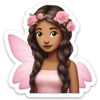 Beautiful, rose, fairy, pink, flowers in hair, long dark brown hair, big wings, fair skin sticker