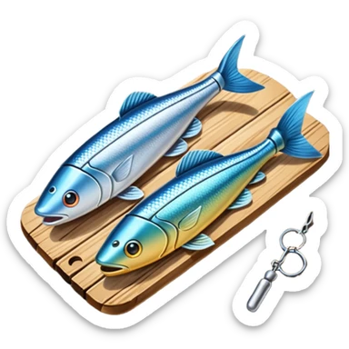 A metal lure set arranged on a wooden plank sticker