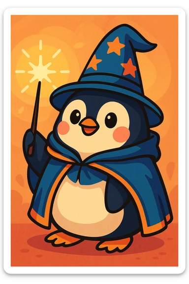 a chubby penguin with a wizard hat and cloak, holding a glowing wand, in a soft, rounded style, colorful cartoon sticker