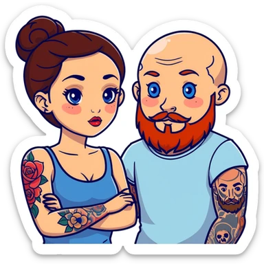 Pretty brunette girl with big eyes and big lips and a bald man with a red beard and blue eyes and one sleeve of tattoos on the man sticker