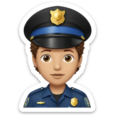 a cartoon-style avatar of a police officer with curly brown hair, wearing a black cap sticker