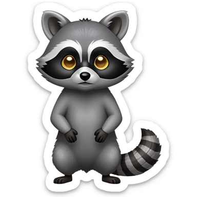 Cinematic-Raccoon-Realistic-Full-Body-Standing on all fours-Emoji – Tail flicking lazily, head tilted dramatically, thick grey fur with a signature black mask, sharp and alert ears, simplified yet realistic focused features, highly detailed, glowing with an almost sarcastic glow. sticker