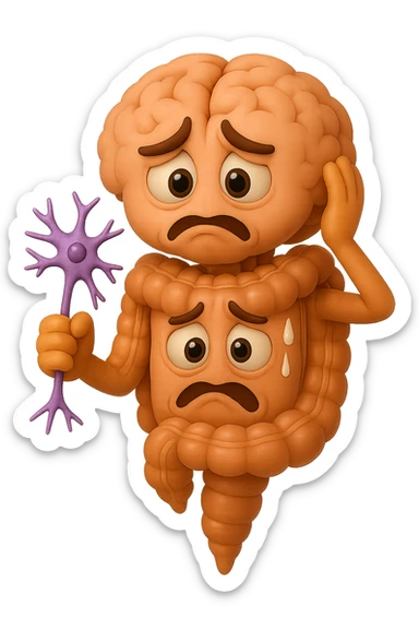 EMOJI STILE IPHONE DI UN INTESTINO collegato verticalmente ad un cervello mentre tiene in mano un neurone, espressione stressata, IPERREALISTICO 4K sticker