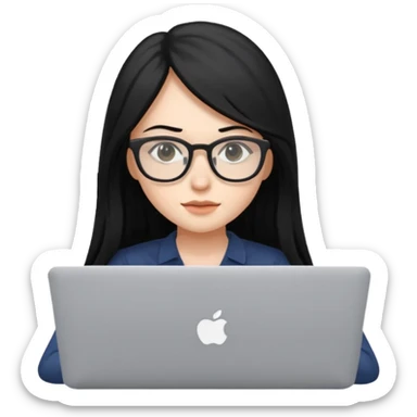 female student with black long hair working on a macbook laptop. sticker