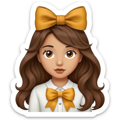 girl with olive skin, brown eyes and brown long wavy hair, an a bow sticker