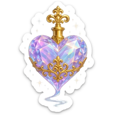 crystal luxurious elixir bottle in heart shape, pastel gradient, lots of shine, facets, ornaments, golden details, magical effects, very small golden neck, transparent background, beautiful merging base, clearly floating in air, no ground or shadow, very luxurious, matching a collection sticker