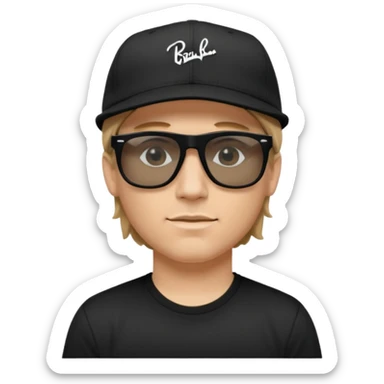 “Emoji of a white man with light brown hair under a black baseball cap, wearing a black t‑shirt and 1980s‑style black Ray‑Ban rectangle sunglasses, with black musical notes floating around his head, modern iOS emoji style. sticker