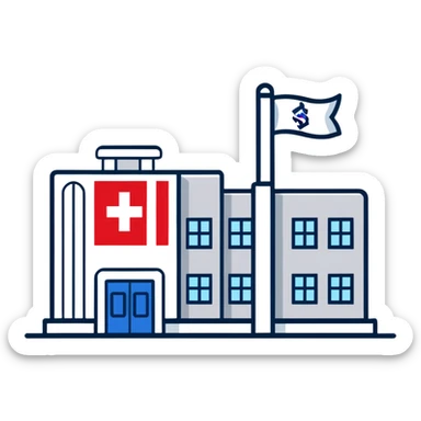 Modern hospital with Thai flag prominently displayed, medical symbol, flag with red white blue stripes sticker