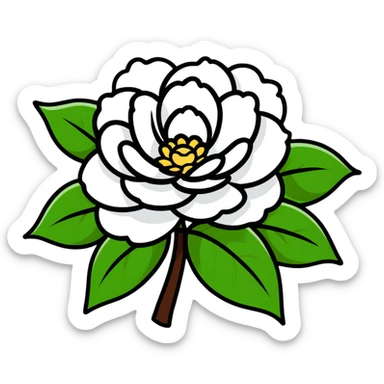 Elegant white camellia flower with symmetrical petals and rich green foliage sticker