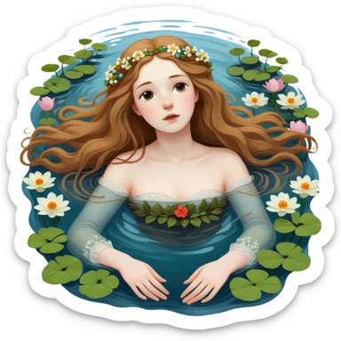 Ophelia floating in water surrounded by flowers, based on the famous painting by John Everett Millais sticker