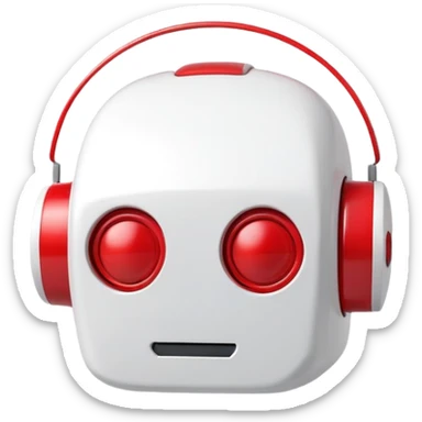 A minimalist 3D icon of a friendly robot head with a speech bubble, in red and white color scheme, clean design, soft shadows, YouTube-inspired style sticker
