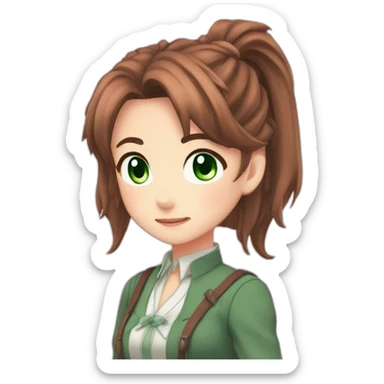 Monika from Doki Doki Literature Club, long corral-brown hair, green eyes, ponytail hair sticker
