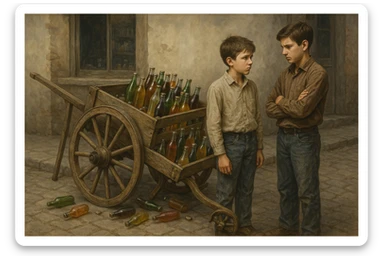 Bir g'ildiragi singan ichimliklar ortilgan arava uning yonida aka uka bir biriga havotirli nigoh bilan qarab turibdi realistik uslubda sticker