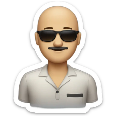 Bald tan guy with dark brown moustache with sunglasses and bowling shirt sticker