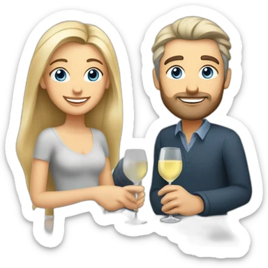 caucasian woman with brown eyes and blond medium long hair and a caucasian man with blue eyes and grey hair, toasting with a glass of white wine sticker