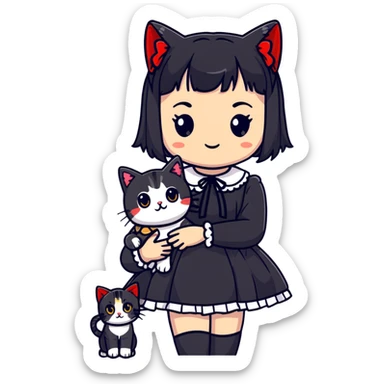 girl wearing black Lolita style dress, with medium-length black hair with red tips, and an American Shorthair tabby cat sticker