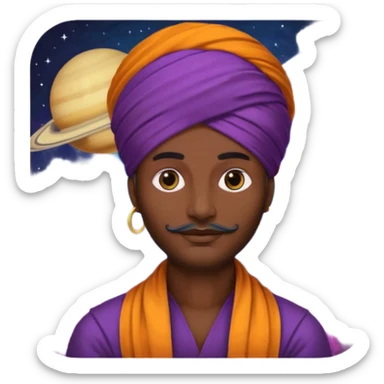 A bold emoji-style illustration with Saturn 🪐 as the dominant element, clearly showing its bright rings. Inside the planet, a stylized man wearing a colorful turban 👳🏾‍♂️, depicted as a mystical or adventurous character, sitting or floating within Saturn, integrated with the planet’s texture. sticker