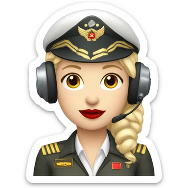 Blonde Russian pilot girl with red lips with airplane pilot headset   sticker
