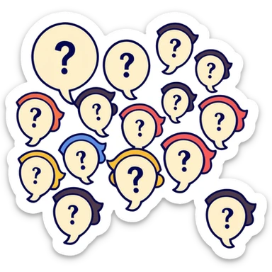 Team of people with bewildered expressions and question marks around them sticker