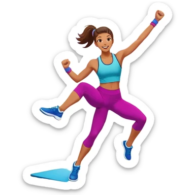 An energetic person performing an aerobics workout in a brightly lit gym, jumping and stretching with enthusiasm. The scene includes vibrant fitness equipment like dumbbells and exercise mats, with a background of cheerful, motivating colors, conveying energy and movement. sticker