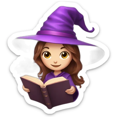 Cute witch with brown hair and purple unicorn reading a magic book sticker