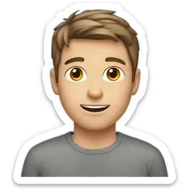 young white male with brown hair and brown eyes, wearing grey T-shirt sticker