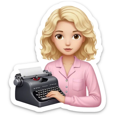 Blonde model with brown eyes, wavy hair, pastel pink pajamas, typewriter sticker