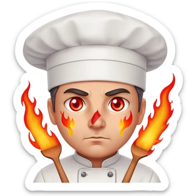 focused chef with glowing red eyes, flames bursting sticker