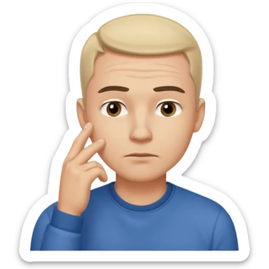 A clean-shaven man in casual clothing thinking critically, touching his chin with one hand, eyebrows slightly furrowed, focused and analytical expression. Neutral background, soft lighting, realistic emoji style. sticker