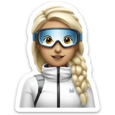 blonde girl skiing with white ski outfit wearing ski goggles sticker