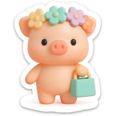 piglet with flower crown and gift bag, vinyl figure style sticker