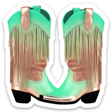 Realistic rose gold and mint green ombre pair of fashion cowgirl boots with sparkly shiny glitter fringe on them. sticker