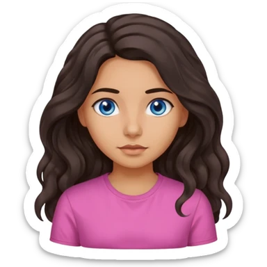 Girl with olive skin, blue eyes and dark very wavy long hair pink shirt sticker
