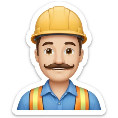 Construction owner, well dressed, blue shirt, mustache, happy sticker