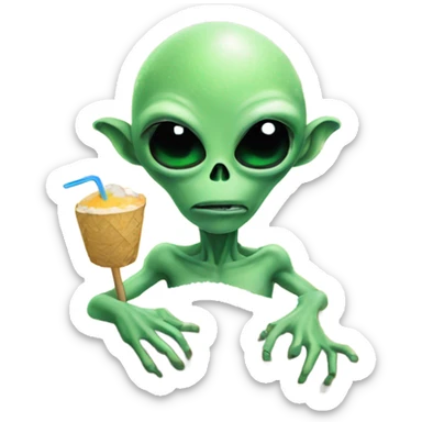 alien holding a small straw next to a mound of snow sticker