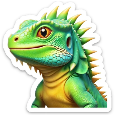 Cinematic Cute Iguana Portrait Emoji, Head tilted playfully and inquisitively, featuring a delightfully vibrant, textured body with a subtle spiky crest and large, sparkling eyes full of gentle wonder, Simplified yet irresistibly adorable features, highly detailed, glowing with a warm, inviting jungle glow, high shine, affectionate and lively, stylized with a touch of whimsical reptilian charm, soft glowing outline, capturing the essence of a mischievous yet loving iguana that seems as if it could scurry out of the screen into your arms! sticker