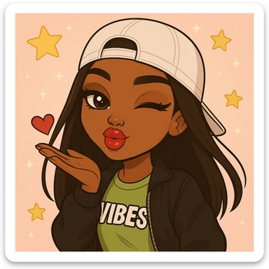 Make her wink while blowing a kiss, headshot only, keep her as a 20-year-old anime Bratz style woman with dark skin, dark hair, trendy streetwear, big expressive eyes, glossy lips, and a happy expression. No tears. sticker