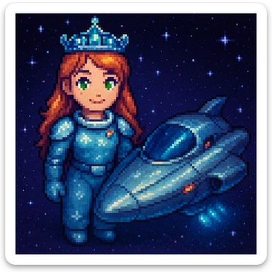 A space princess with a spaceship, pixel art style sticker