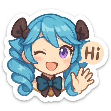 Gwen from League of Legends, chibi emote style, only head visible, right eye purple, bright hi expression, waving hand, eyes open, cute and expressive sticker