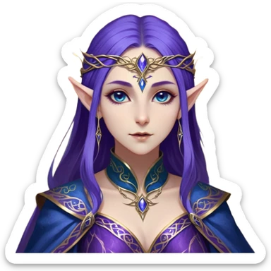 Cinematic Realistic WoW Elf Mage Portrait, depicted with ethereal, otherworldly beauty and refined arcane mastery. Clad in an intricately detailed robe in consistent deep blues and purples accented with shimmering gold filigree, her luminous, porcelain-like skin and delicate features evoke timeless elegance. Her piercing, mystical eyes radiate ancient wisdom, rendered with lifelike texture and subtle, magical lighting, high shine, noble and majestic, capturing the essence of a legendary elven sorceress. sticker