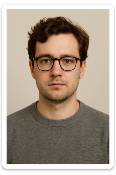 white male with glasses and brown wavy hair, neutral expression, simple background sticker