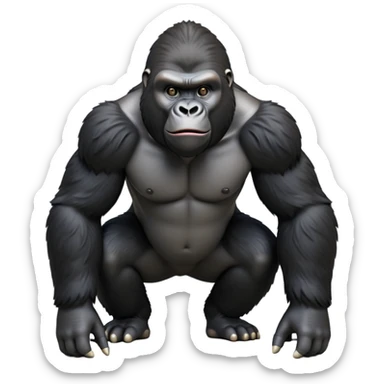 cinematic-friendly gorilla-realistic-full-body-crouched on all fours-emoji,-broad-and-powerful-frame-poised-with-confidence,-massive-arms-hanging-slightly-forward,-head-tilted-thoughtfully,-thick-black-fur,-deep-dark-eyes-full-of-intelligence,-simplified-yet-realistic sticker