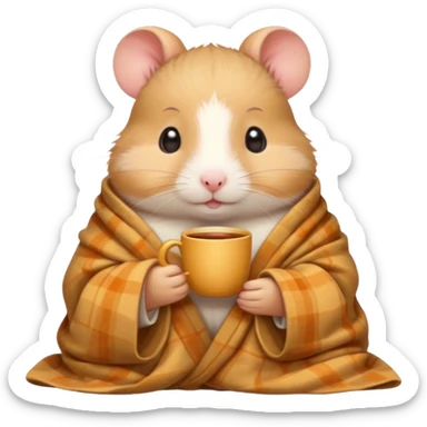 Cute cartoon-style hamster wrapped in a cozy blanket, holding a cup of tea, relaxed expression. Painterly shading, white background, sticker-style illustration sticker