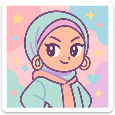 baddie hijabi, sassy expression, hoop earrings, winged eyeliner, streetwear, fashionable hijab, urban vibe, colorful background sticker