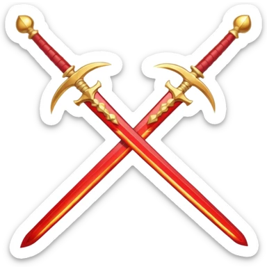 Two crossed swords that are golden in blade and handle and have fiery and royal appearence to them as well as red gem stones sticker