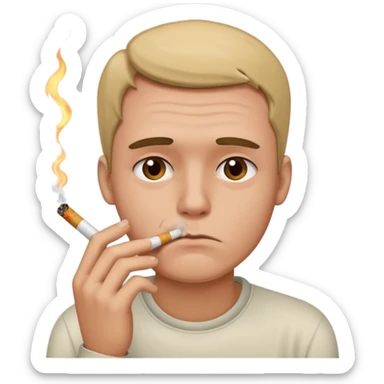 His face is very depressed and he holds a cigarette  sticker