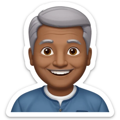 50 yr old indian man, dark skin, grey hair, big smile, white teeth, chubby, no moustache, clean shaven, young style hair, hair brushed back, 5 oclock shadow sticker