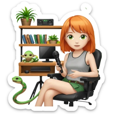 An ASMR streamer with orange hair, bangs, green eyes, and a microphone in front of her. Her room is dimly lit with pink light. She's sitting in a gaming chair with "Serappu" written on it. Behind her is a snake plant. On the shelf next to the plant are Baby Yoda and Gandalf toys. sticker