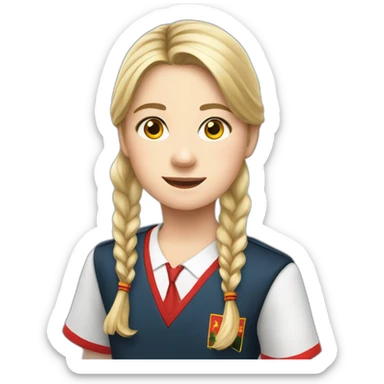 sophie, german sixth grade pupil in red school uniform with long blond hair in vietnam sticker